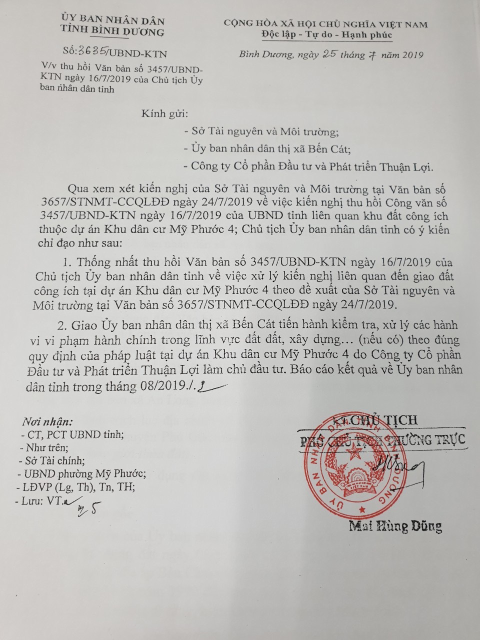 Chủ tịch UBND TX Bến Cát khẳng định sai phạm đã rõ và không hợp thức hoá các sai phạm của chủ đầu tư KDC Mỹ Phước 4  Khu B